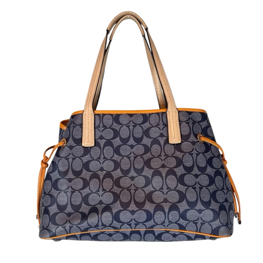 COACH Signature Coated Canvas Drawstring Carryall Bag Denim Blue & Orange Detail - Picture 9 of 14